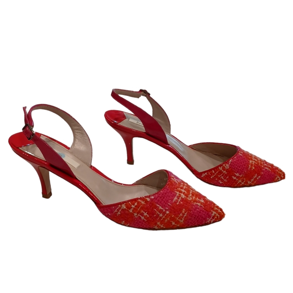 🆕 BODEN • size 7 1/2 or 40 1/2 • pink orange tweed slingback kitten heels NWOT - Picture 3 of 11